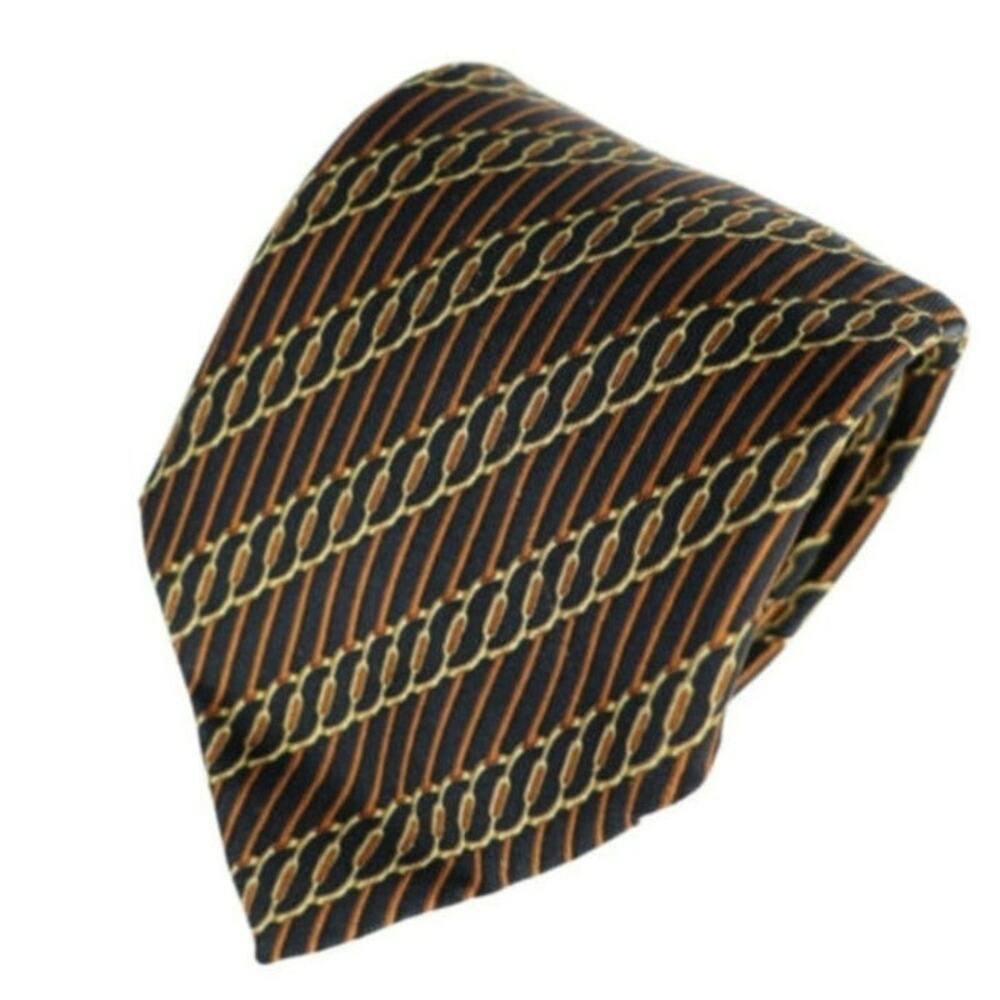Mens Hermes designer silk tie gold burgandy brown colorway graphic design - Picture 9 of 10